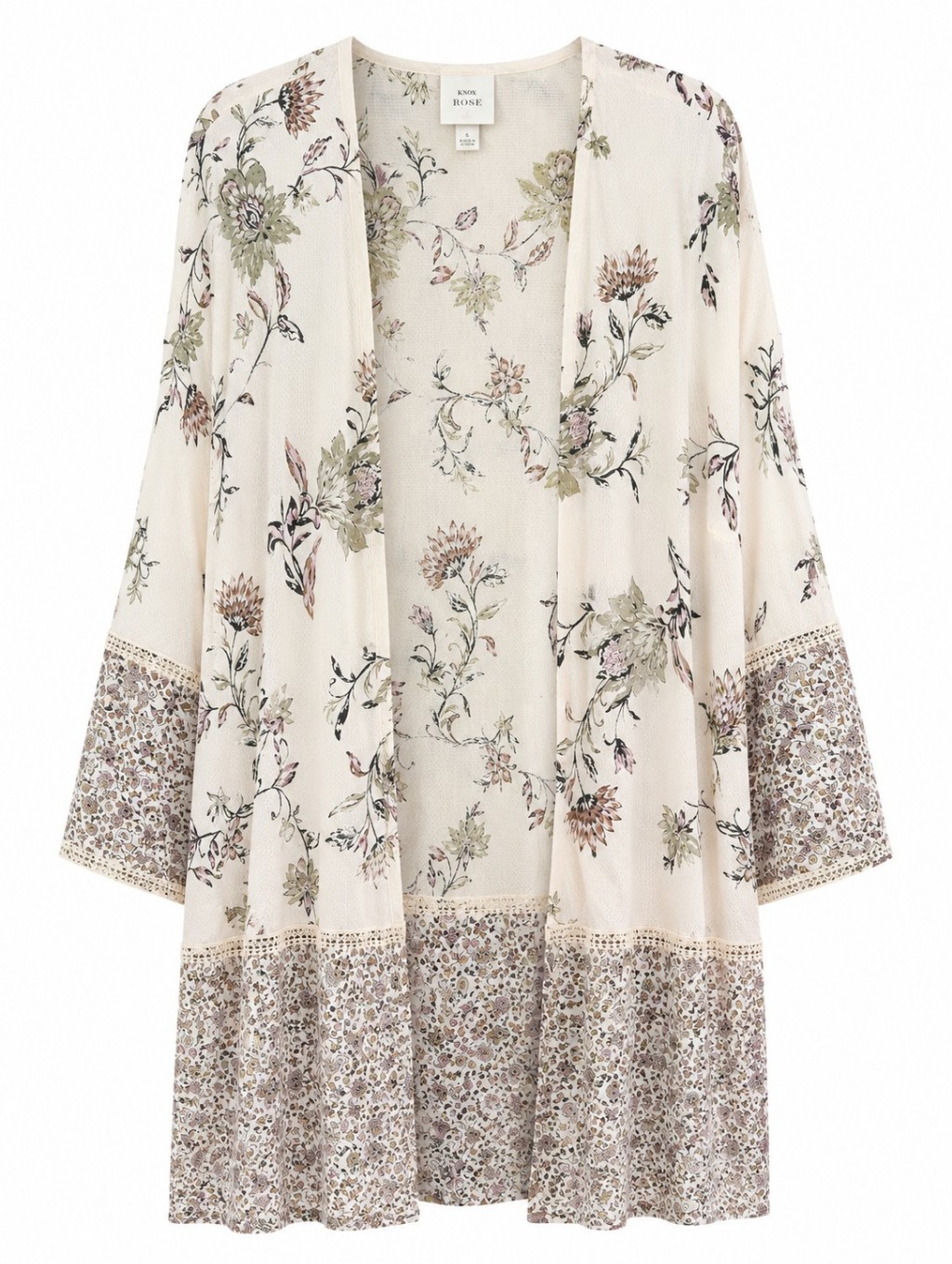 Knox Rose Ivory Floral Open Front Kimono Cardigan Cover Up Sz S Festival Boho